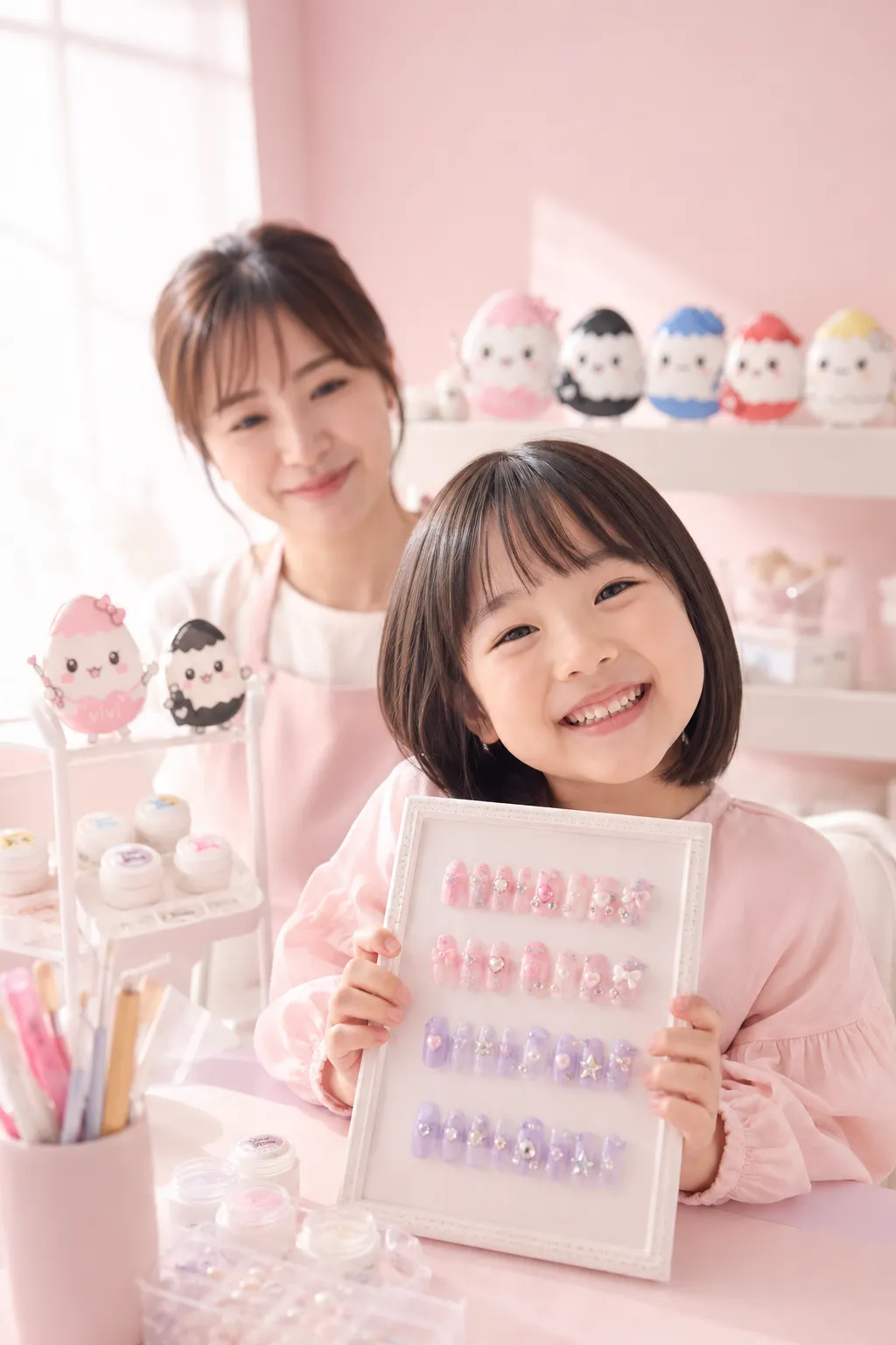 子どもが完成したネイルチップを見せている様子