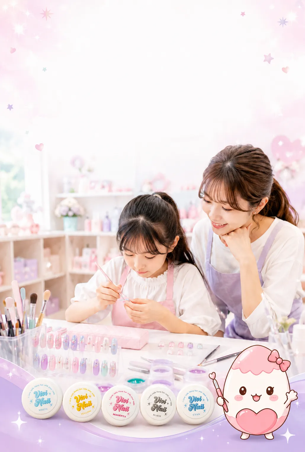 ネイルチップ制作を楽しむ子どもと先生