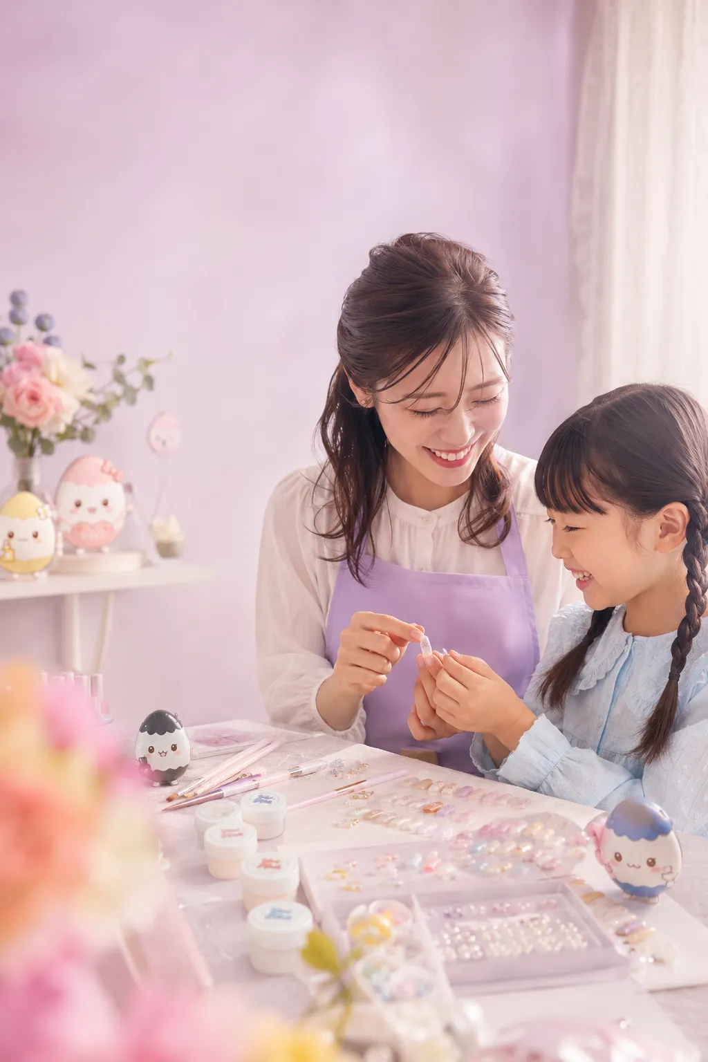 先生と子どもがネイルチップ制作を楽しんでいる様子