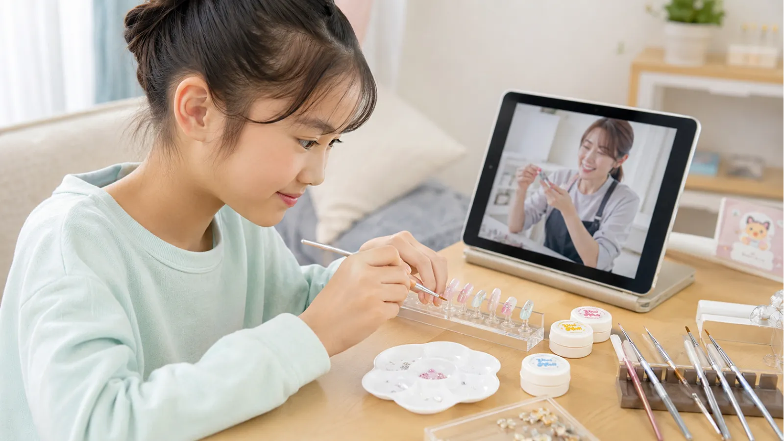 タブレットで画面越しに先生とつながりながらネイルチップを制作する様子