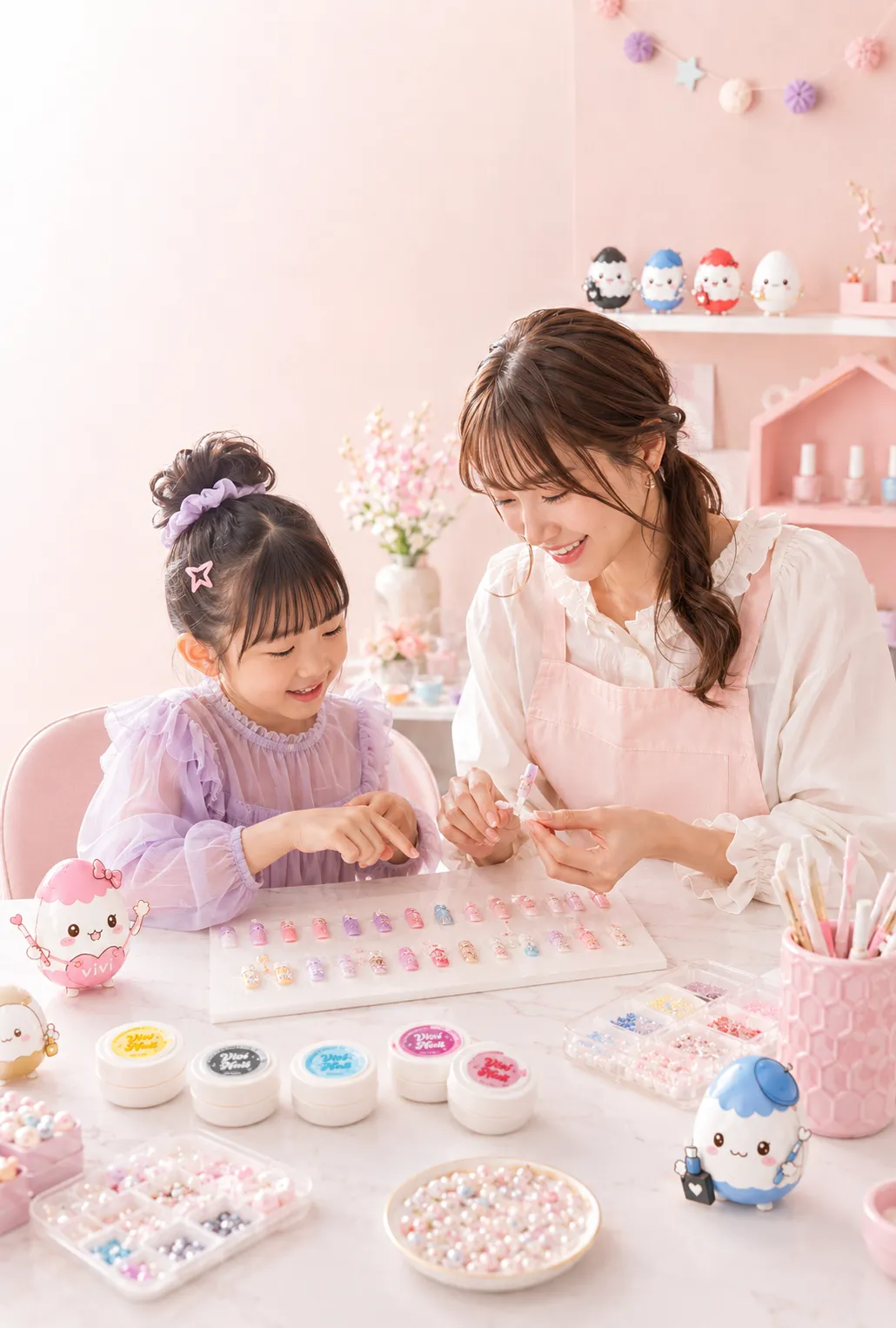 子どもがネイルチップの色や飾りを選んでいる様子