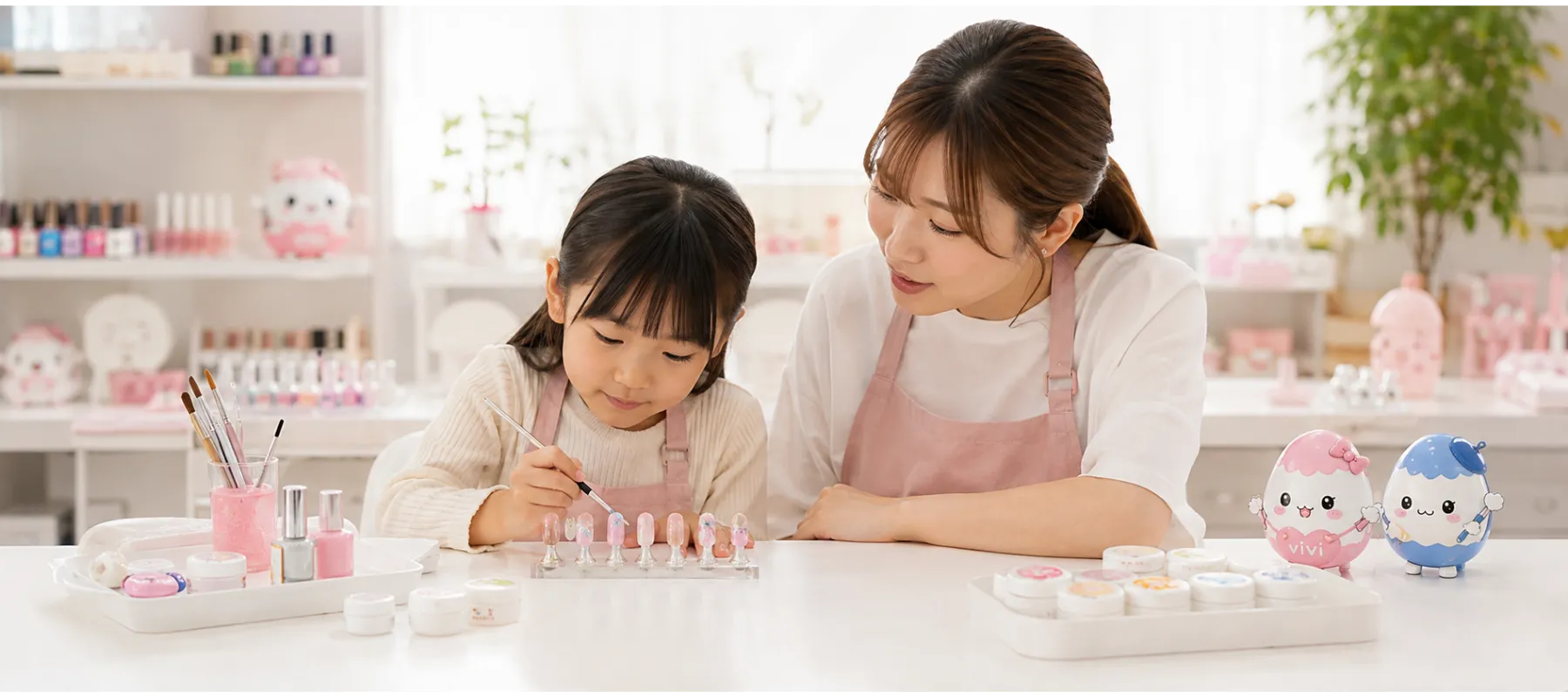 先生に手元を見てもらいながらネイルチップ制作を学ぶ子ども