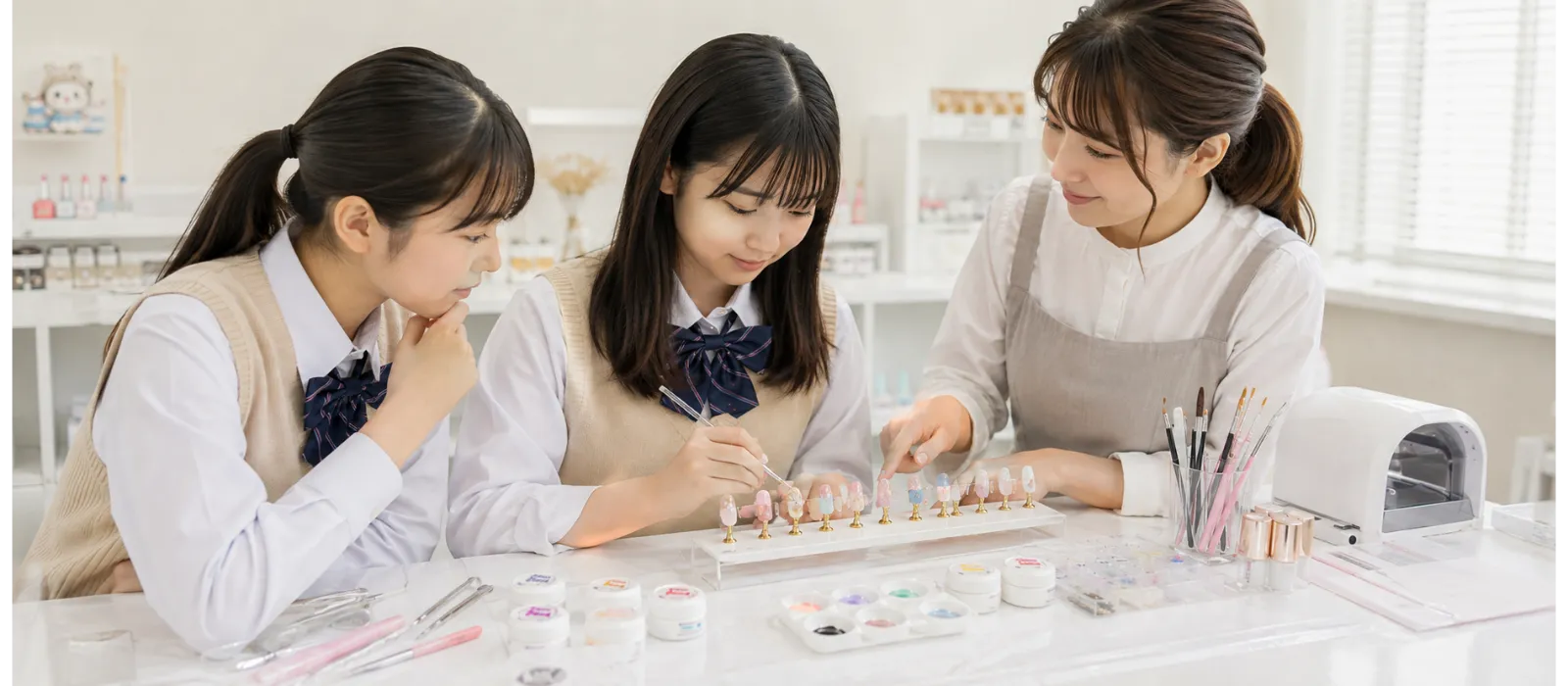 教室で先生と相談しながらネイルチップを制作する中学生