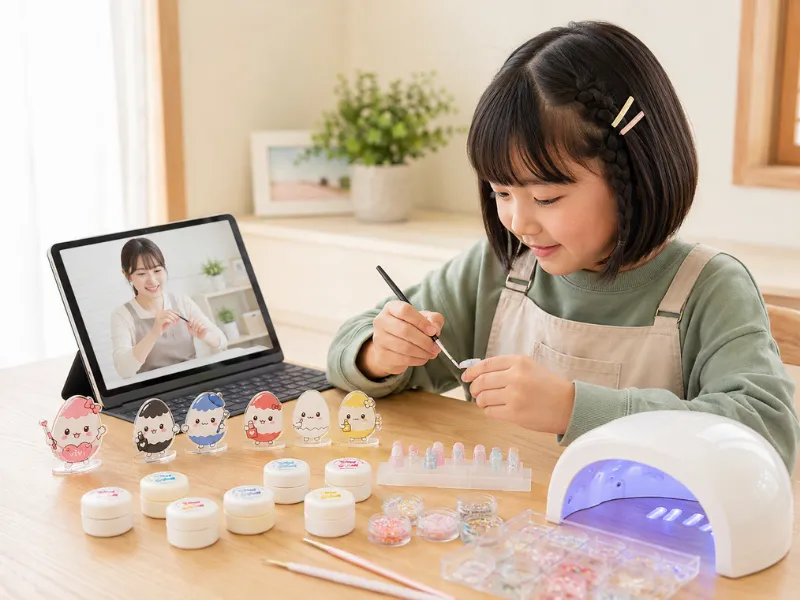 授業動画を見ながらネイルチップ作りを練習する子ども