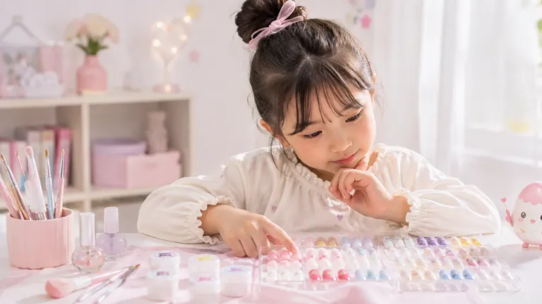 作ったネイルチップの作品を並べて眺める子供