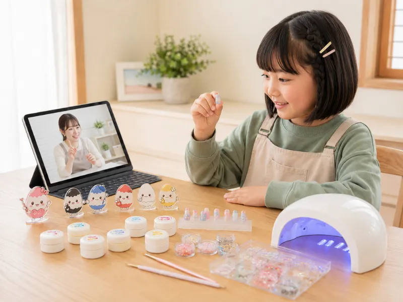 講師とオンラインで話しながらネイルチップを作る子ども