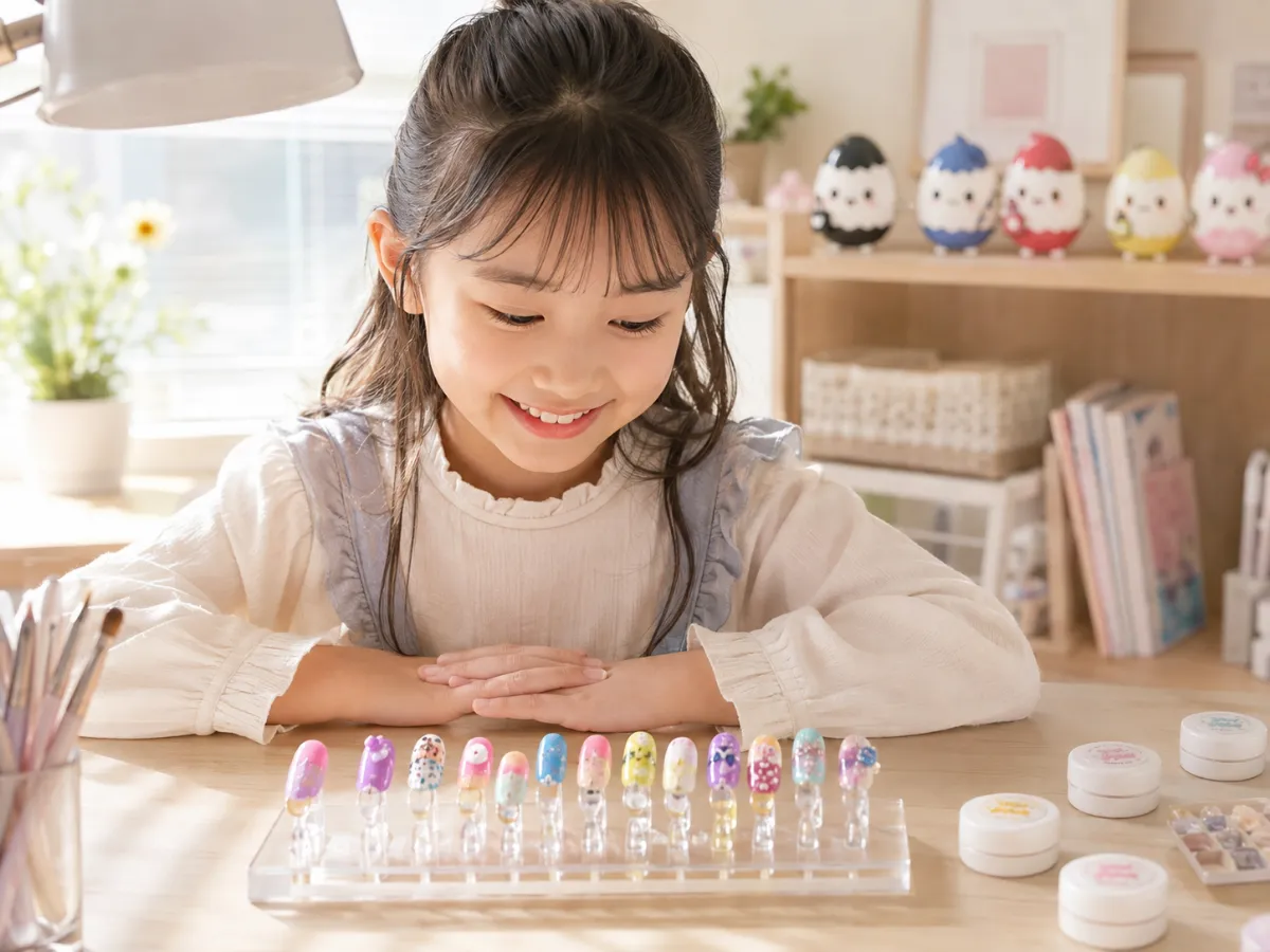 完成したネイルチップ作品をチップスタンドに並べて見る子ども