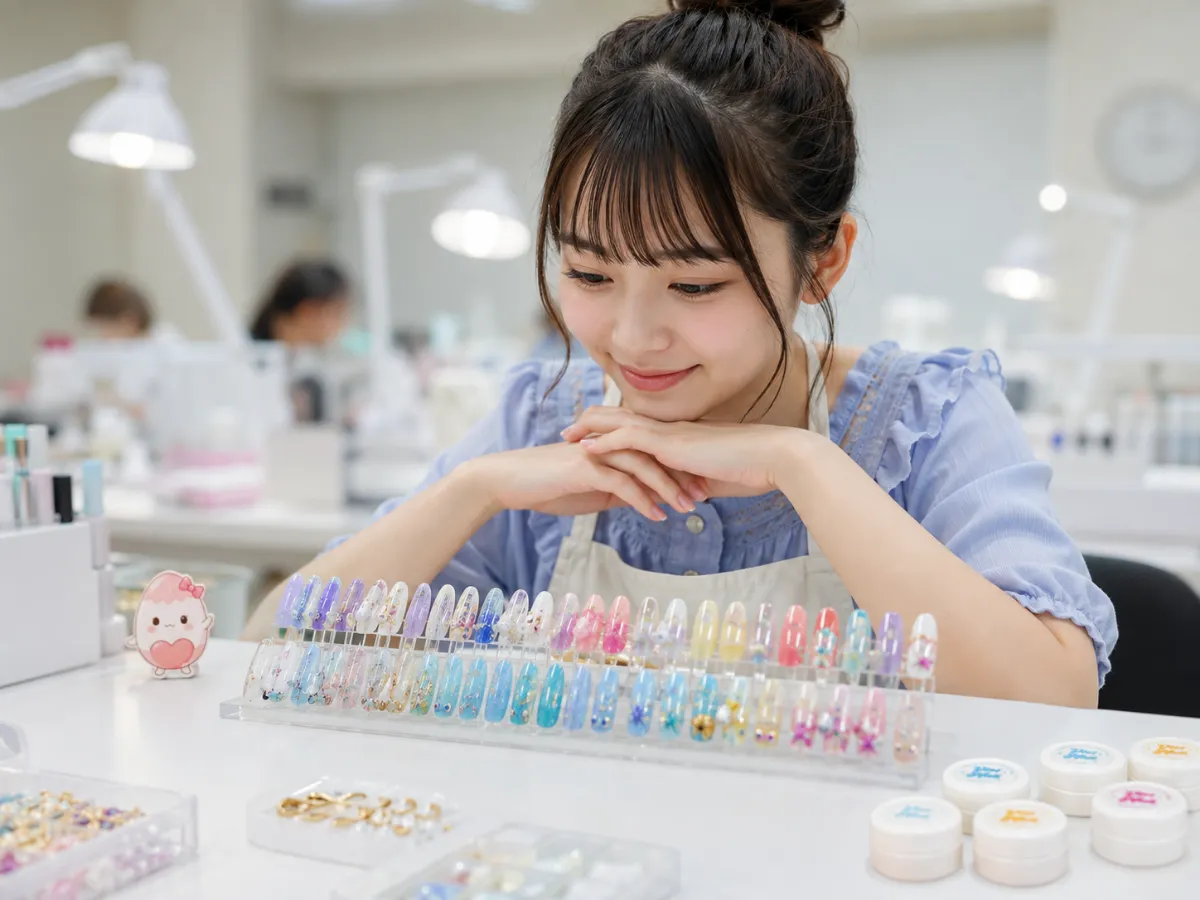 中学生の女の子が自分でデザインを考えながらネイルチップ制作に取り組む様子