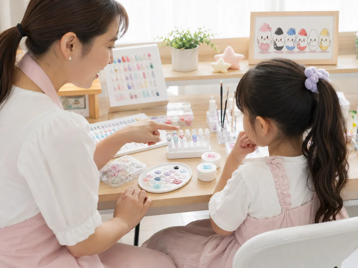 先生とネイルチップを見ながら別の方法を考える子ども