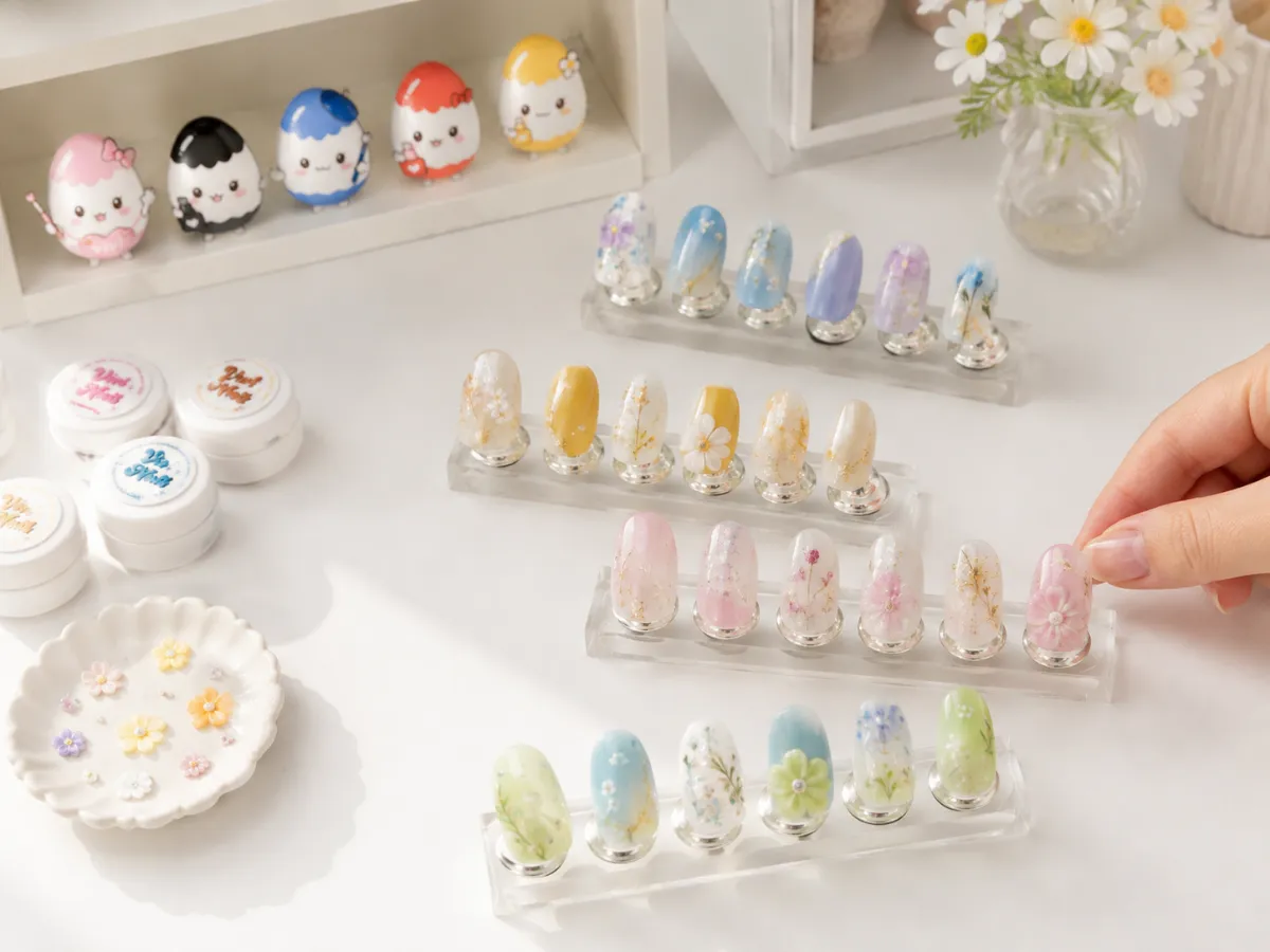 同じテーマから色やパーツを変えて作った複数のネイルチップ作品