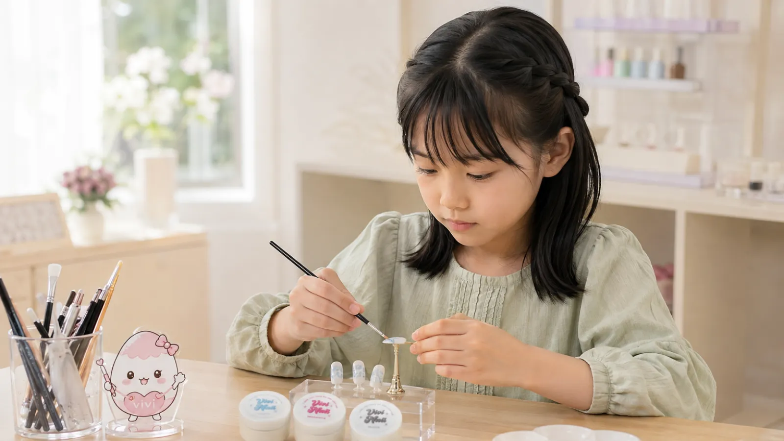 ネイルチップ制作に集中する小学生