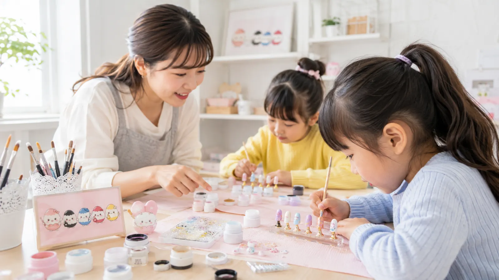 先生に教わりながらネイルチップ制作に取り組む小学生
