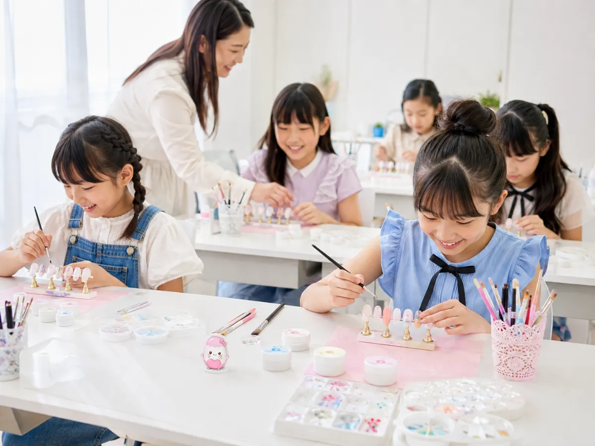 先生と保護者に見守られながら対面体験でネイルチップ制作に取り組む子ども