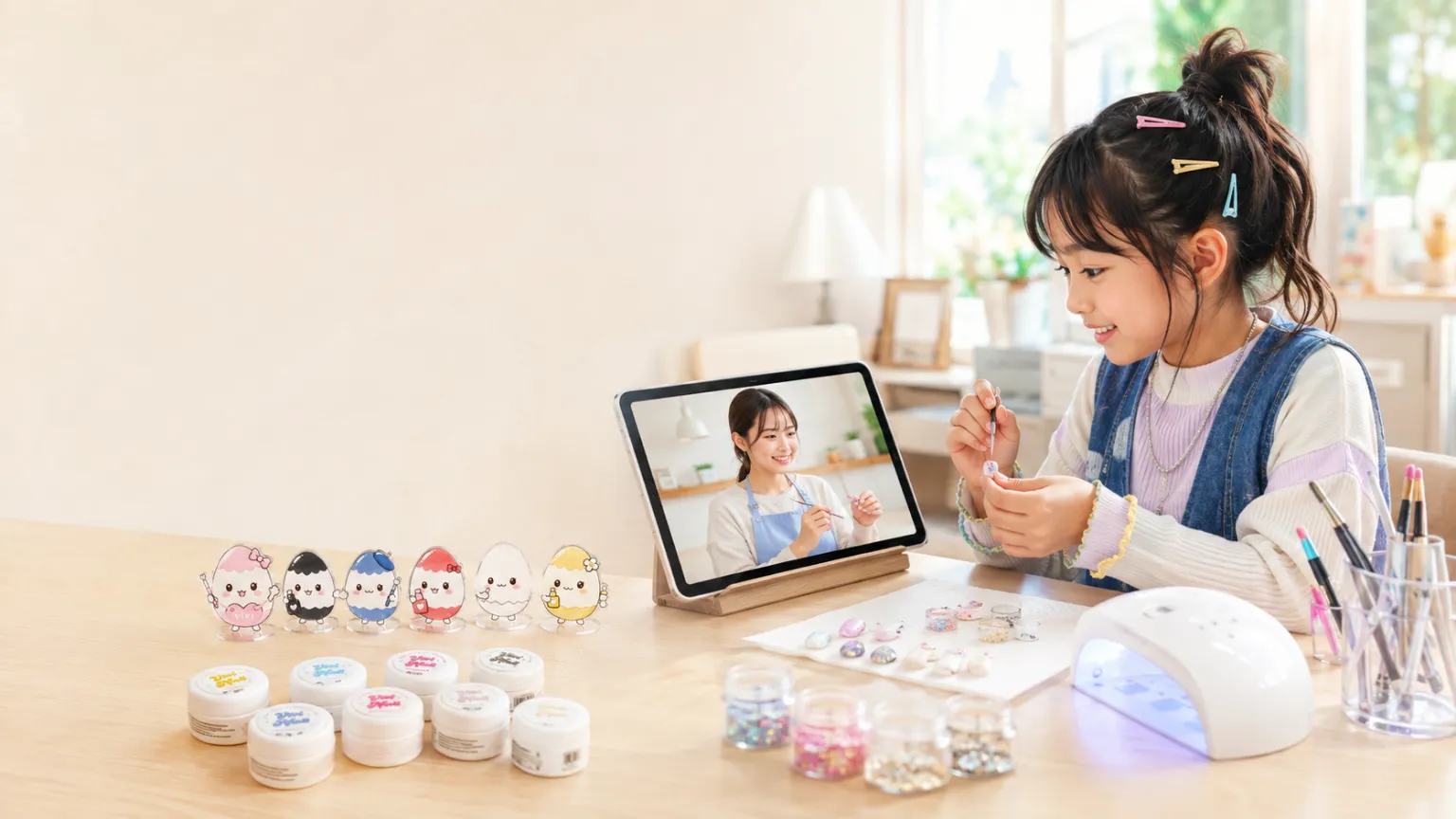 オンラインでネイルチップ制作を楽しむ子どもの様子