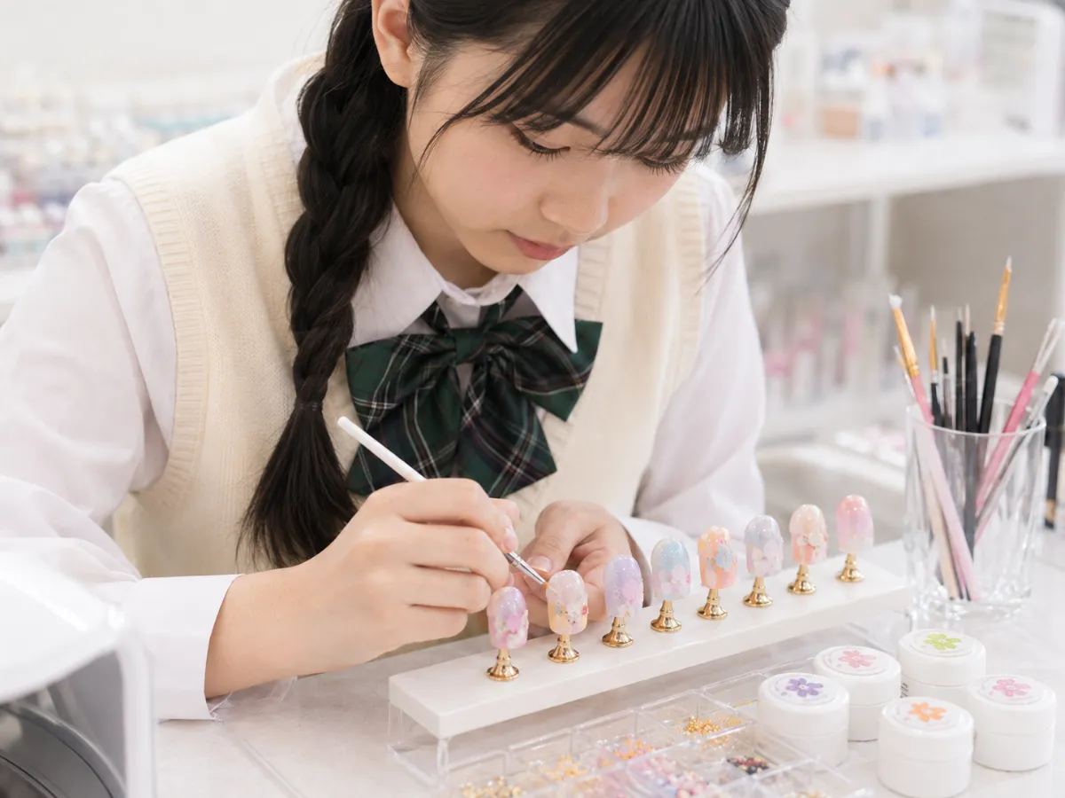 細い線や花びらのネイルアートを描く様子