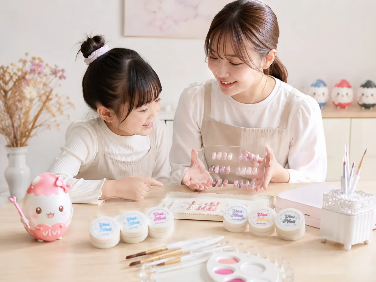 ViViの道具と一緒に並ぶ自由なデザインのネイルチップ作品
