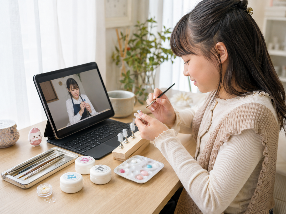 自宅でネイルチップ制作を楽しむ様子
