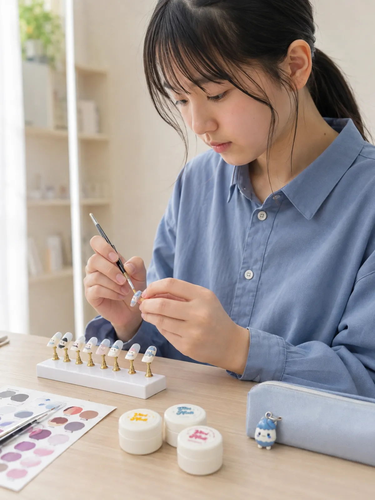 細かなネイルデザインに取り組む中学生