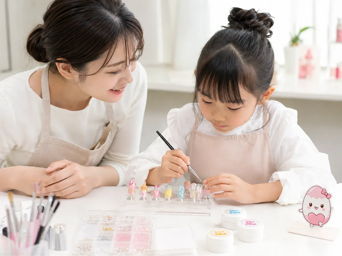 小学生の女の子が教室でネイルチップ制作に取り組む様子